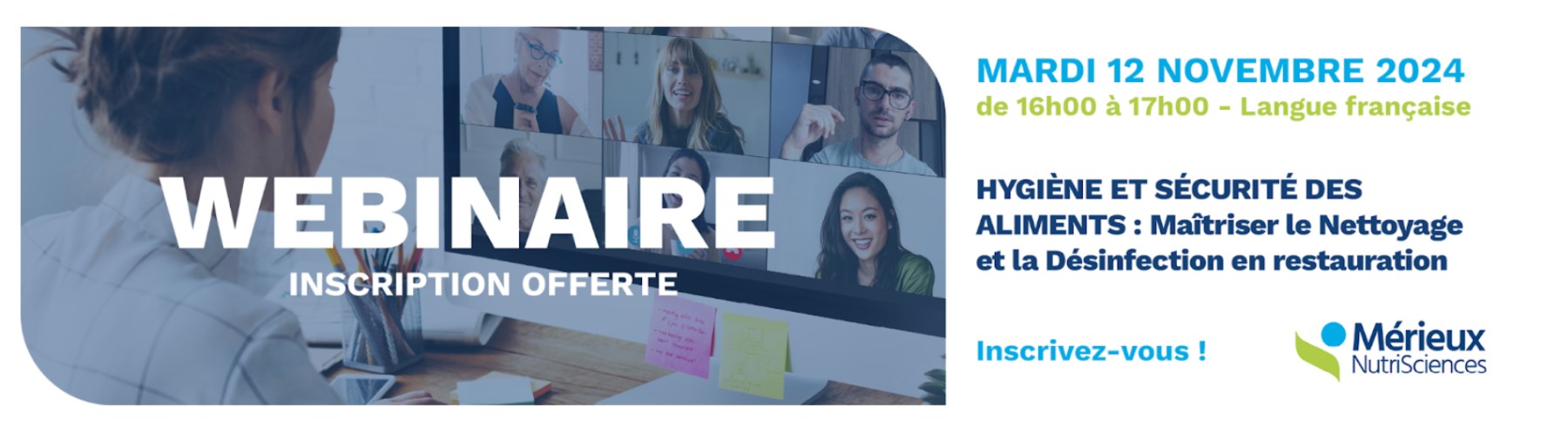 Banderole d'annonce du webinaire hygiène et sécurité des aliments : Maîtriser le nettoyage et la désinfection en restaurant, du 12 novembre 2024.